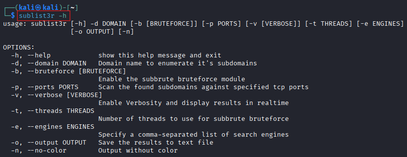 Enumerating Subdomains Using Sublist3r 1 help sublist3r